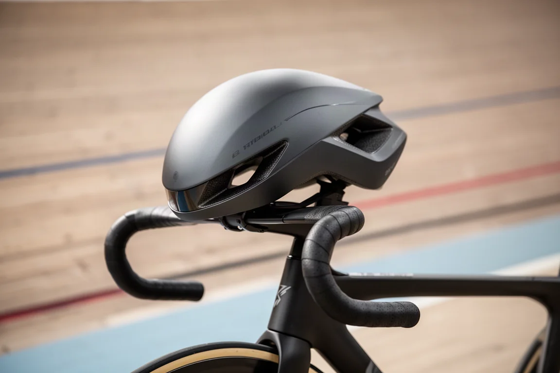 Aerodynamic time trial helmet resting on the handlebar extensions of a track bike