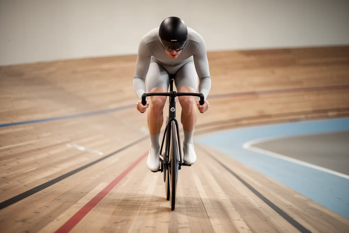 Cyclist in a one-piece skinsuit crouched in an aero position at a velodrome start line