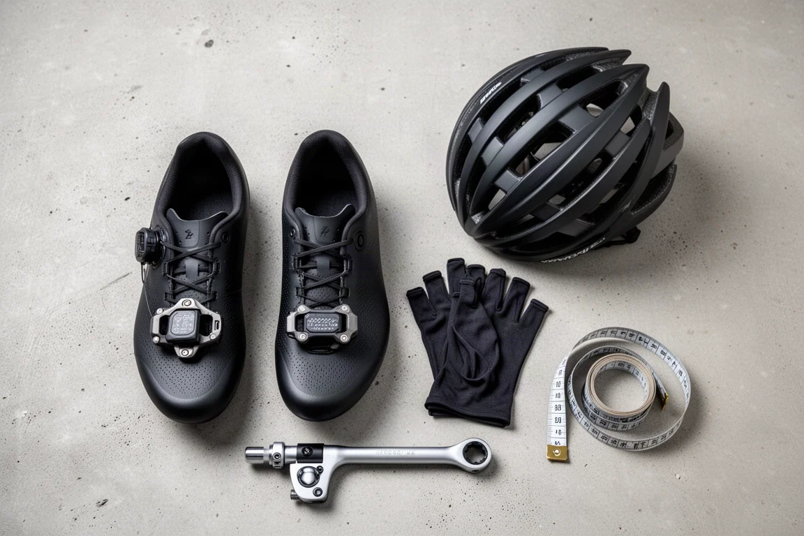 Overhead flat-lay of aero testing accessories including shoes, pedals, helmet and tools