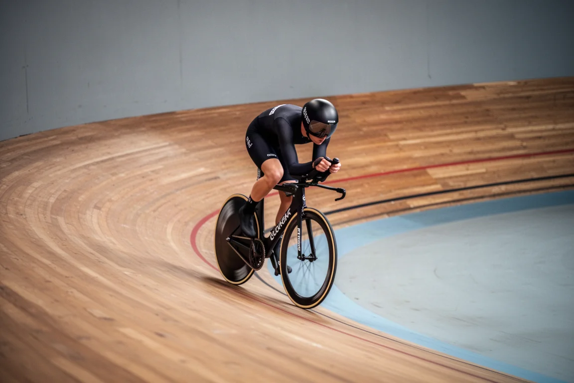 Wielrenner in een lage aerodynamische houding op een tijdritfiets in de verkante bocht van een indoor velodroom