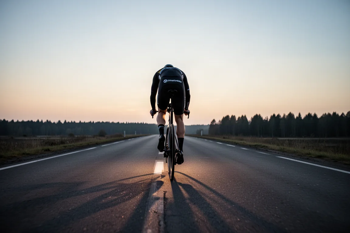 Renner van achteren gezien in een lage aerodynamische houding op een lege weg in de schemering met lange schaduwen