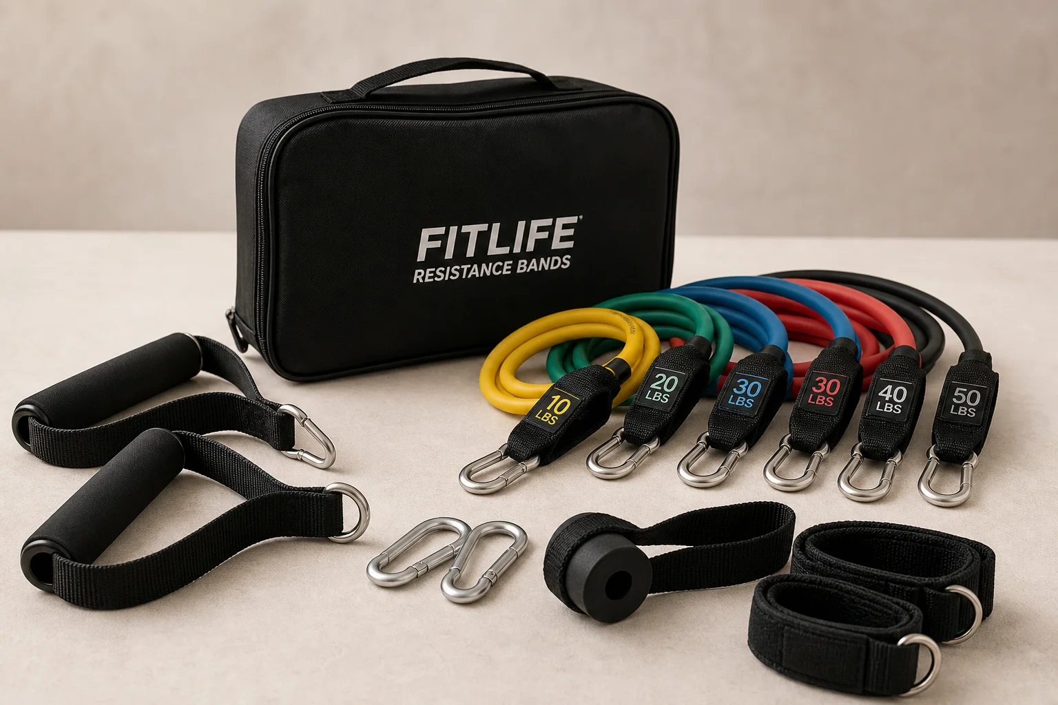 Elastici a fascia Serious Steel ed elastici a tubo Bodylastics con accessori su una superficie in cemento