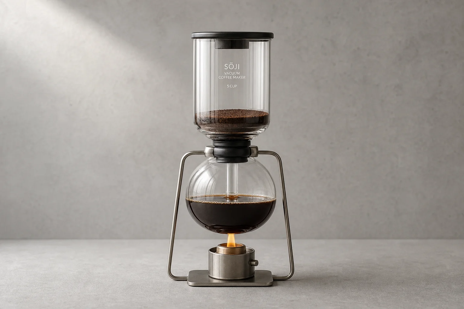 Five vacuum coffee makers displayed on neutral backdrop showing different styles and designs