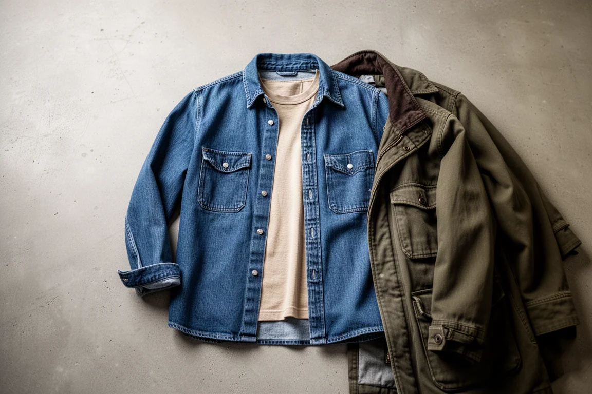 Camisa de trabajo vaquera sobre una capa base con una chaqueta en un banco