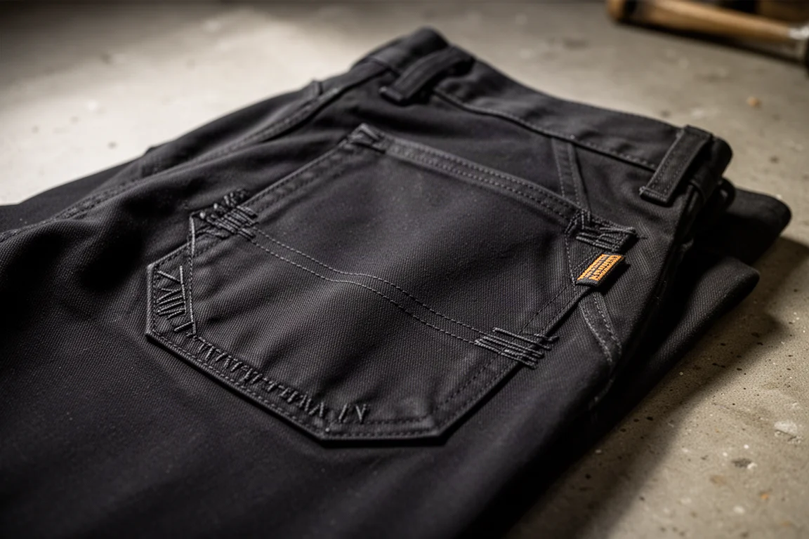 Close-up of reinforced stitching on the pocket of black heavy-duty work pants