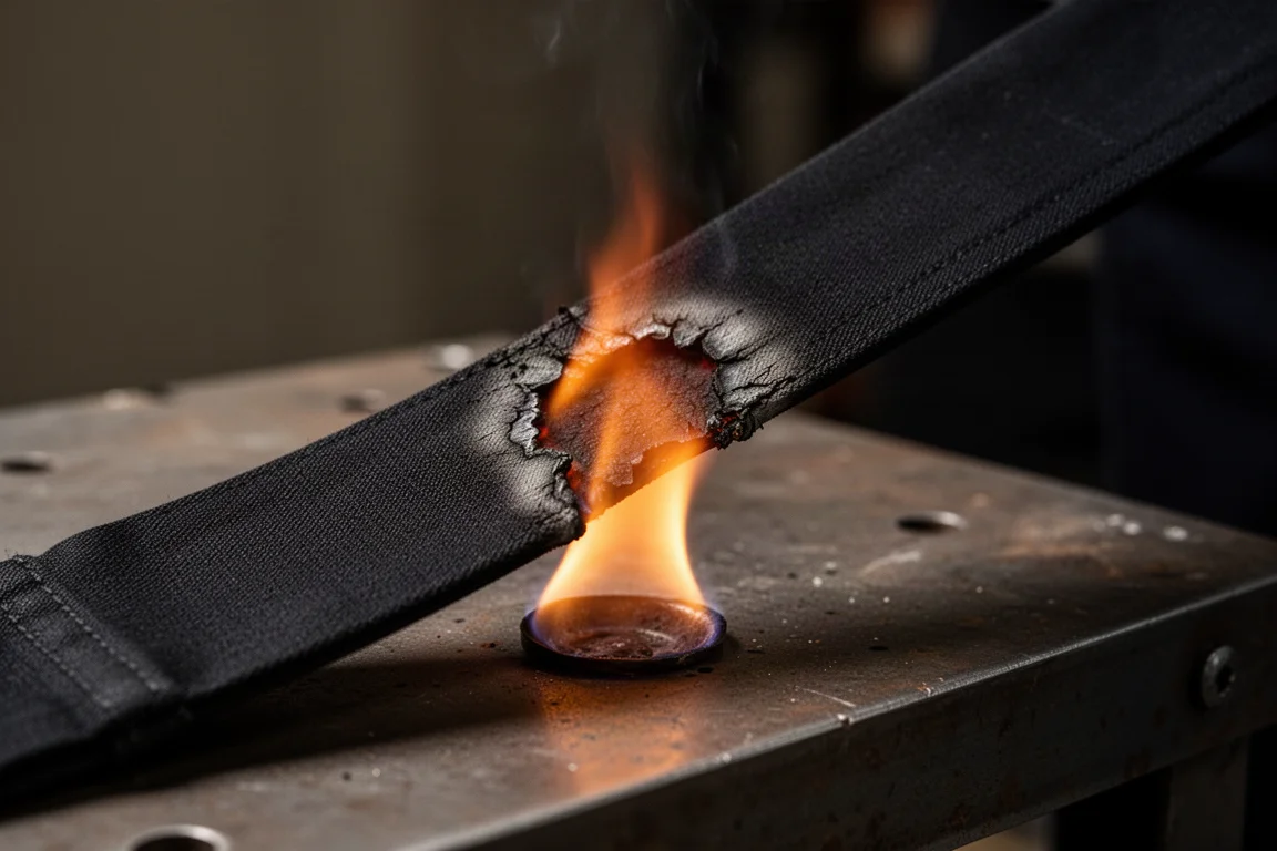 Open flame testing black work pant fabric without catching fire