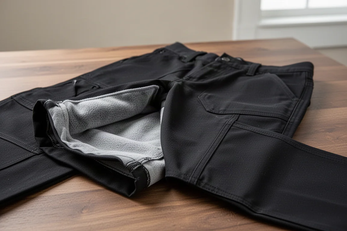 Interior of work pants showing soft lining and stretch fabric panel