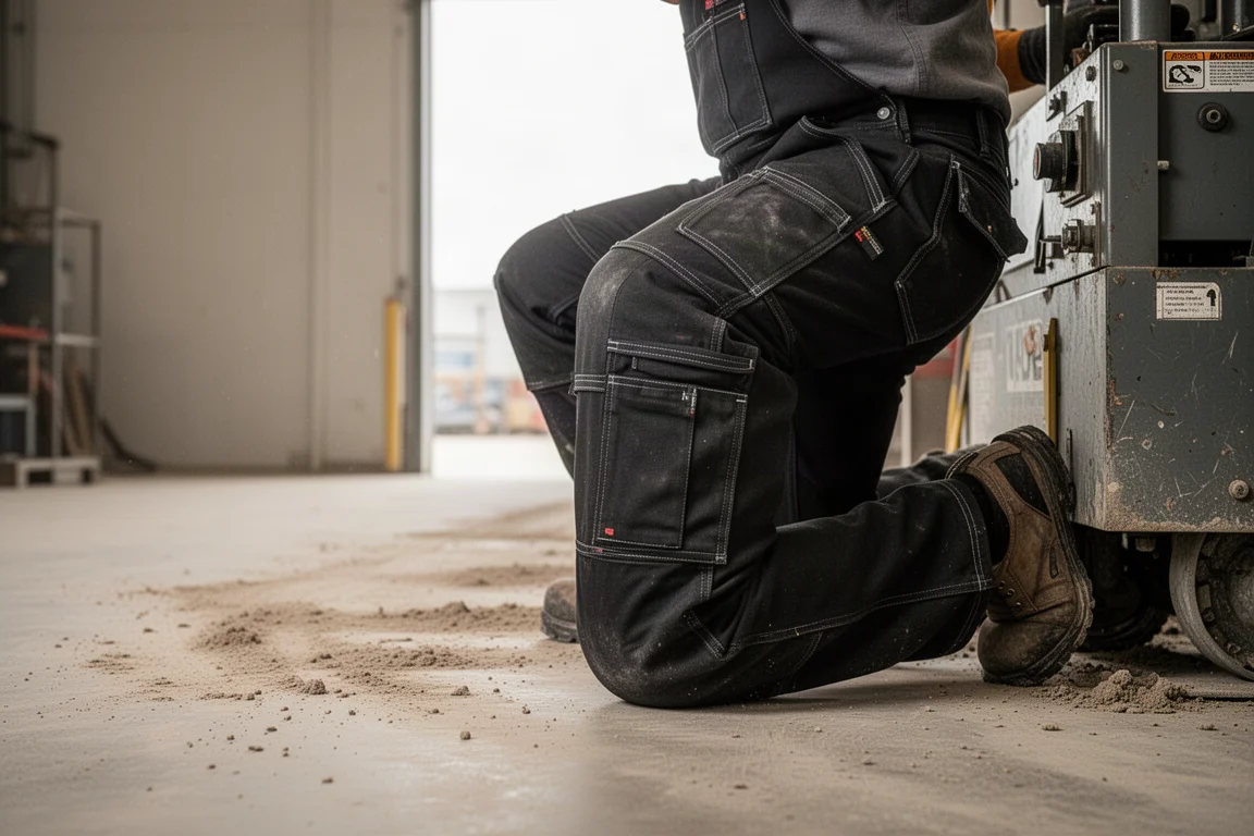 Worker in black work pants kneeling at an industrial jobsite