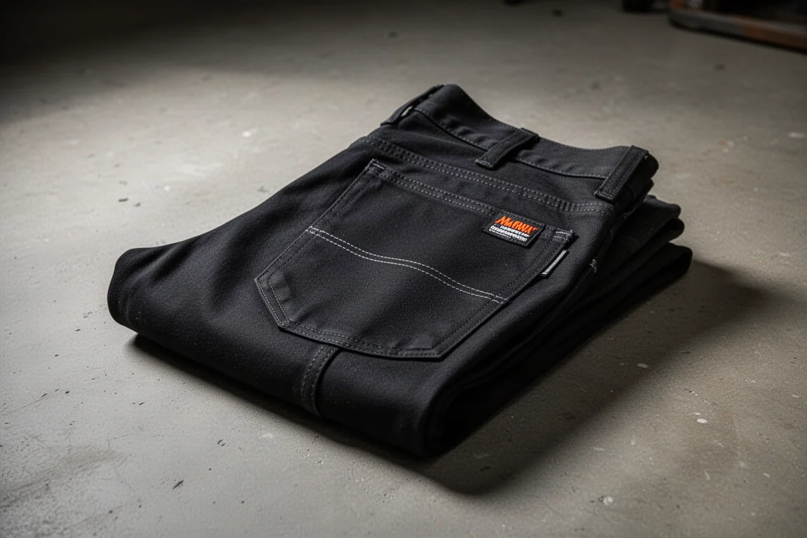 Black flame-resistant work pants folded on a concrete floor