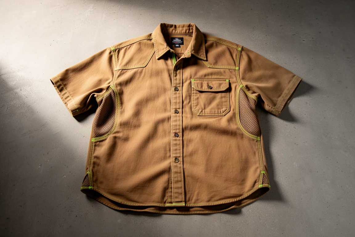 Tan cotton flame-resistant work shirt with mesh vents and green accent stitching on concrete