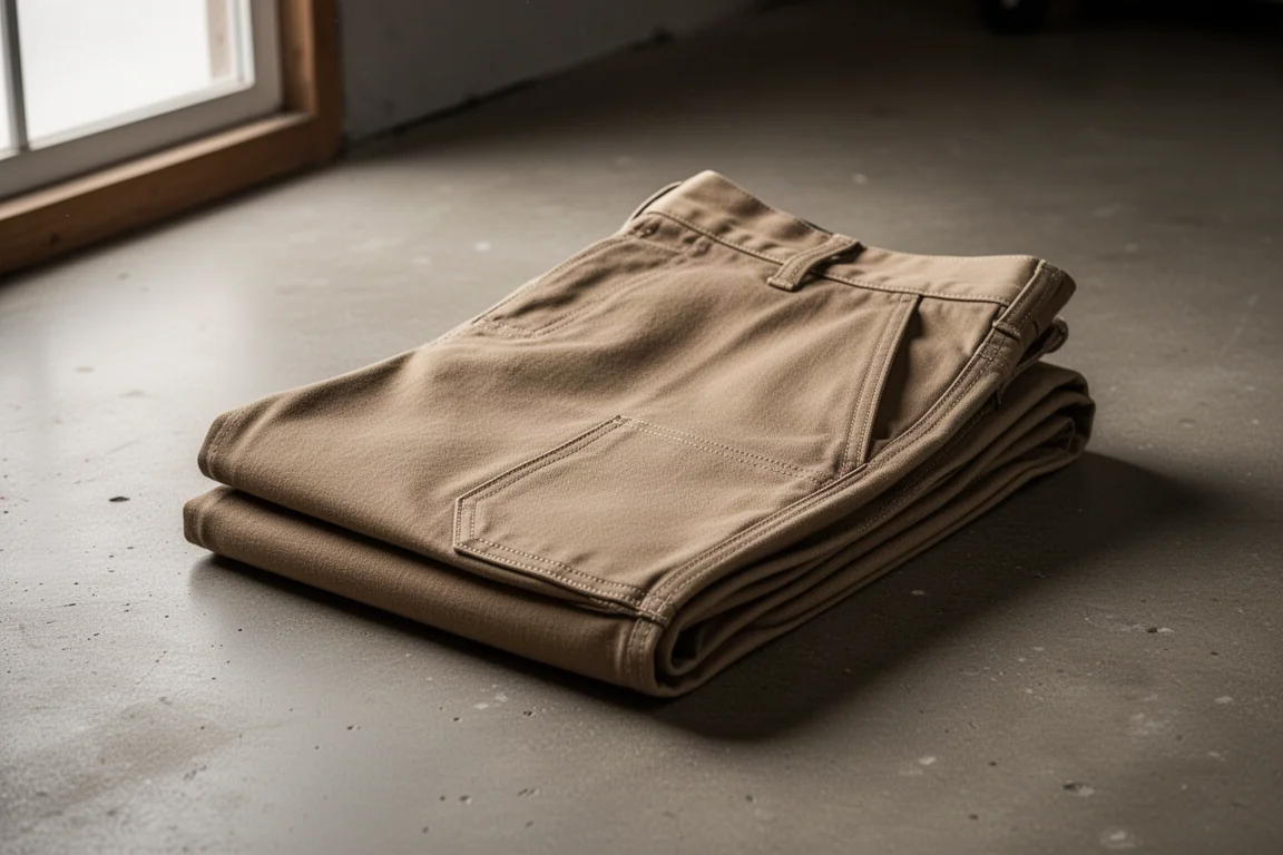 Folded khaki flame-resistant work pants on a concrete floor