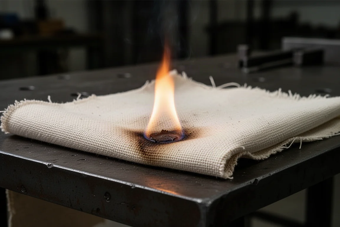 Korte, gecontroleerde vlamtest op het broeksstof zonder brandschade