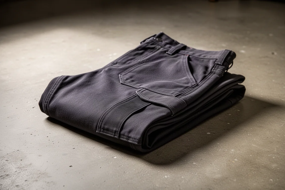 Heavy-duty insulated flame-resistant work pants folded on a concrete workshop floor