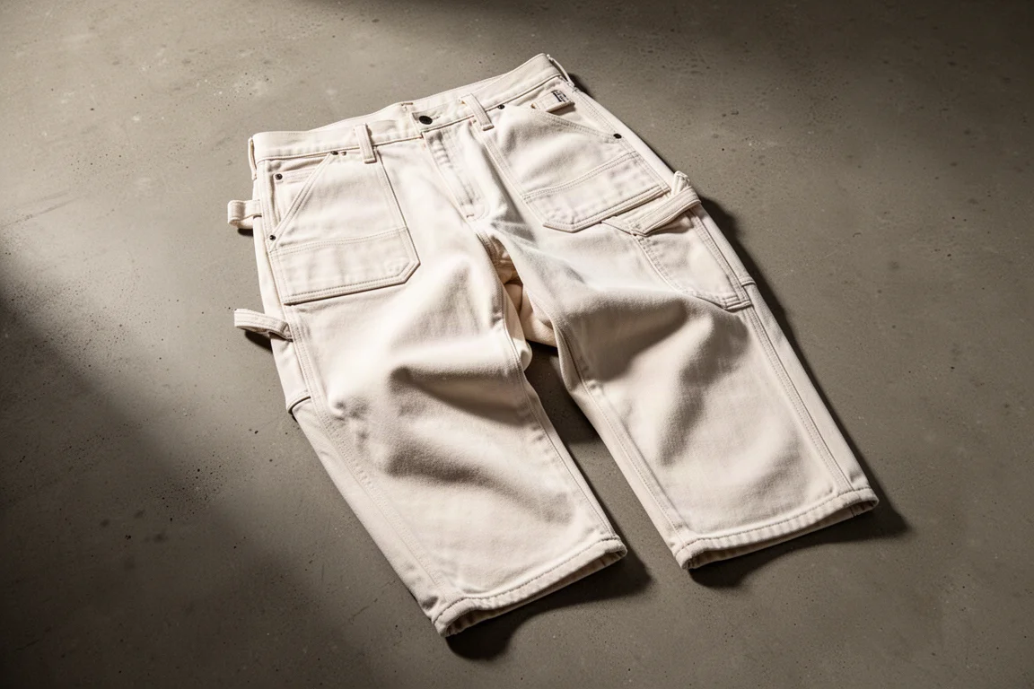Off-white cotton carpenter work pants laid flat on concrete showing reinforced seams and tool loops