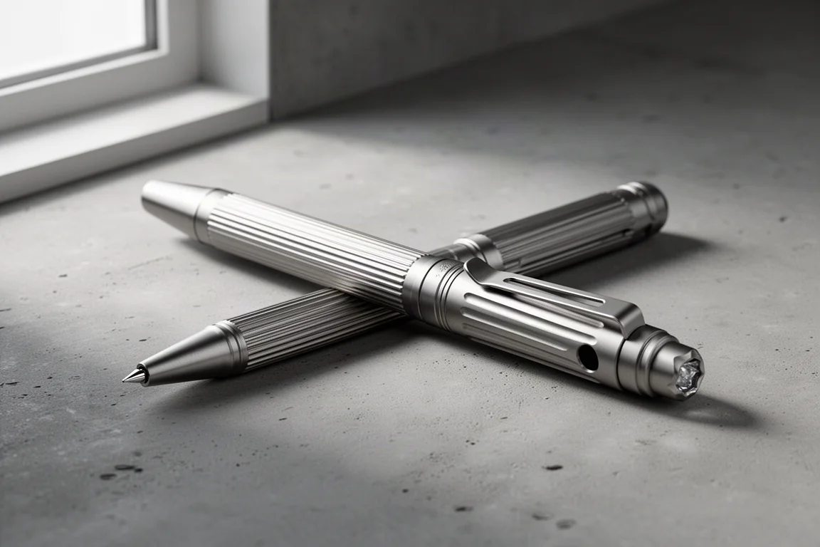 Penna stilografica tattica in titanio scanalato con punta glass breaker su superficie di cemento