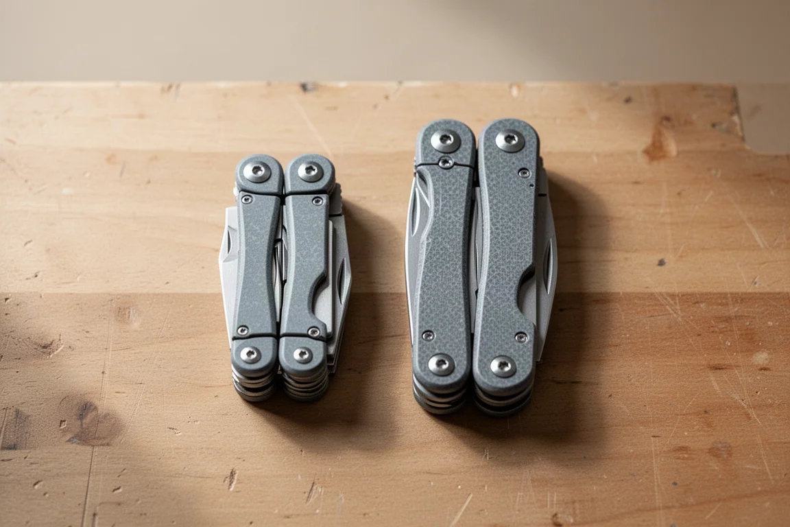 Two layered pocket knives of different sizes lying side by side on a workbench