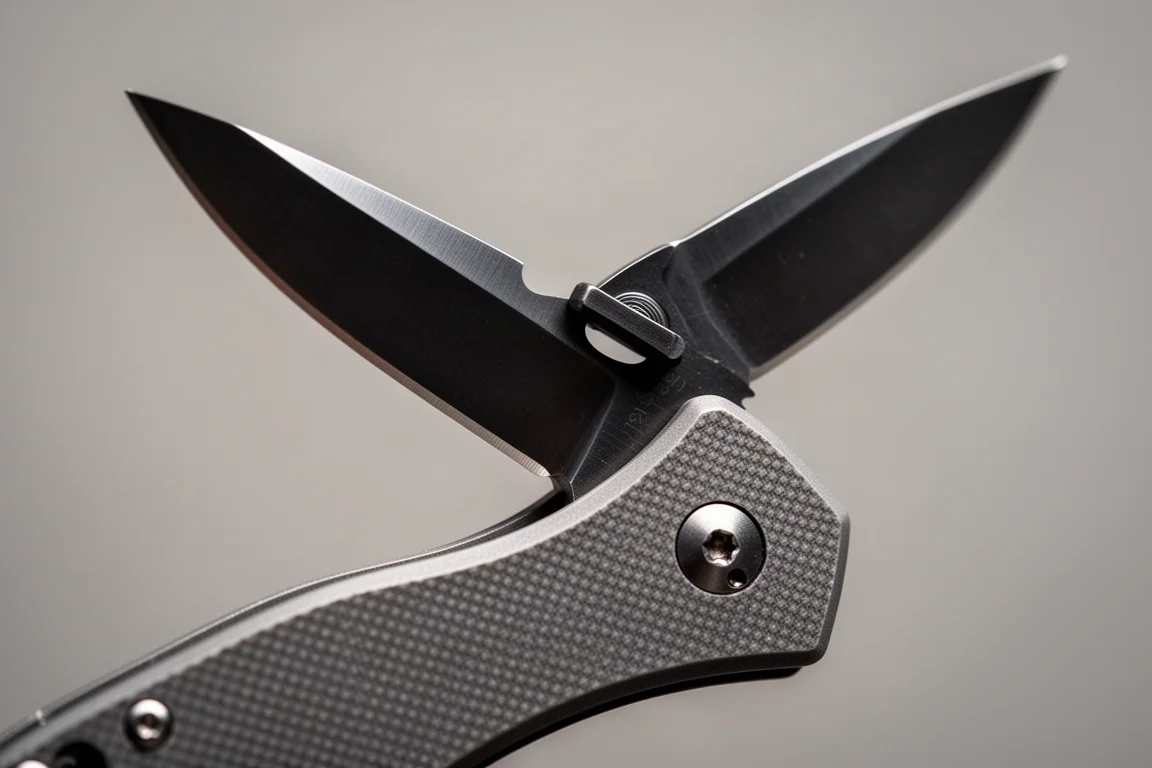 Close-up of an open pocket knife blade with a liner lock engaged