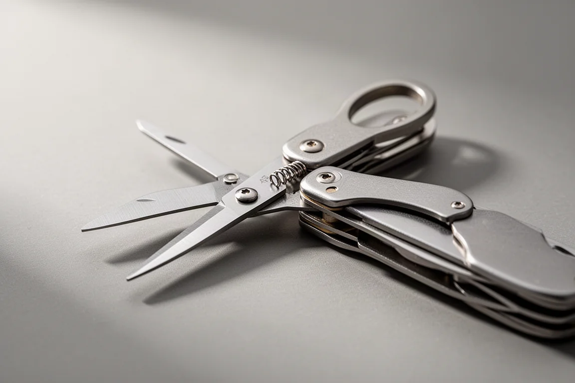Hands using a compact pair of scissors from a folding pocket tool