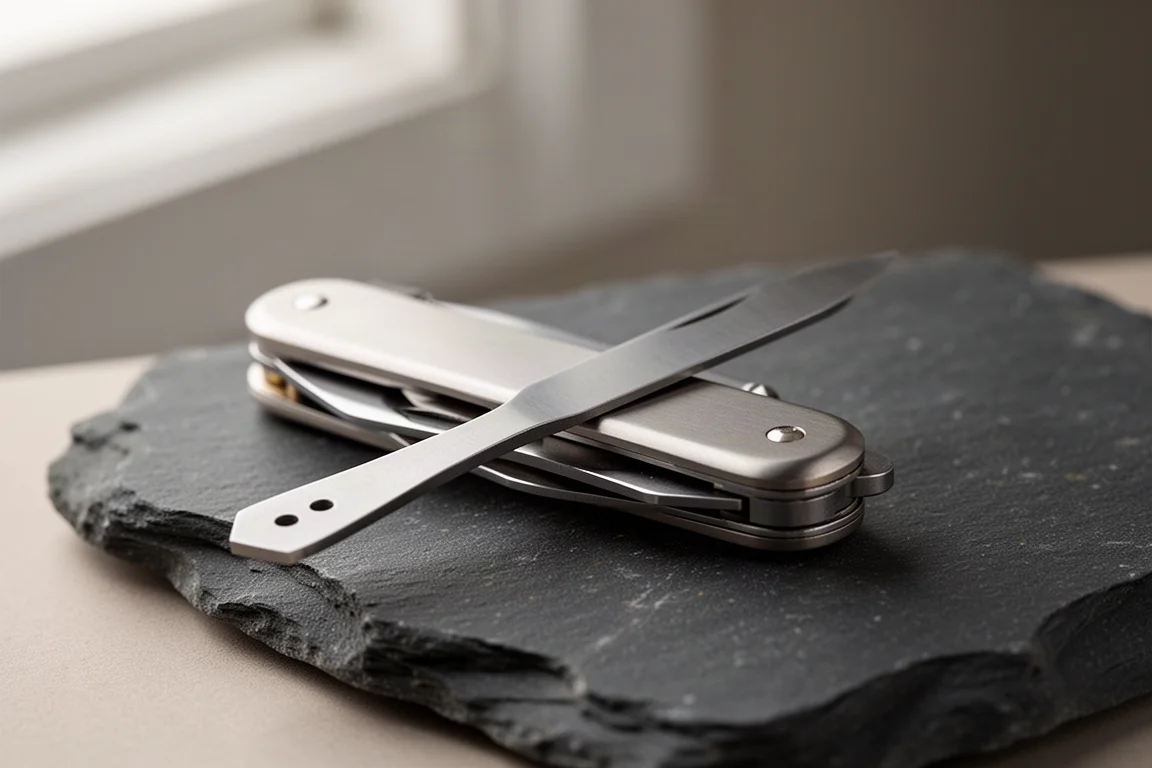 Layered pocket knife with a flathead tool extended on a stone work surface