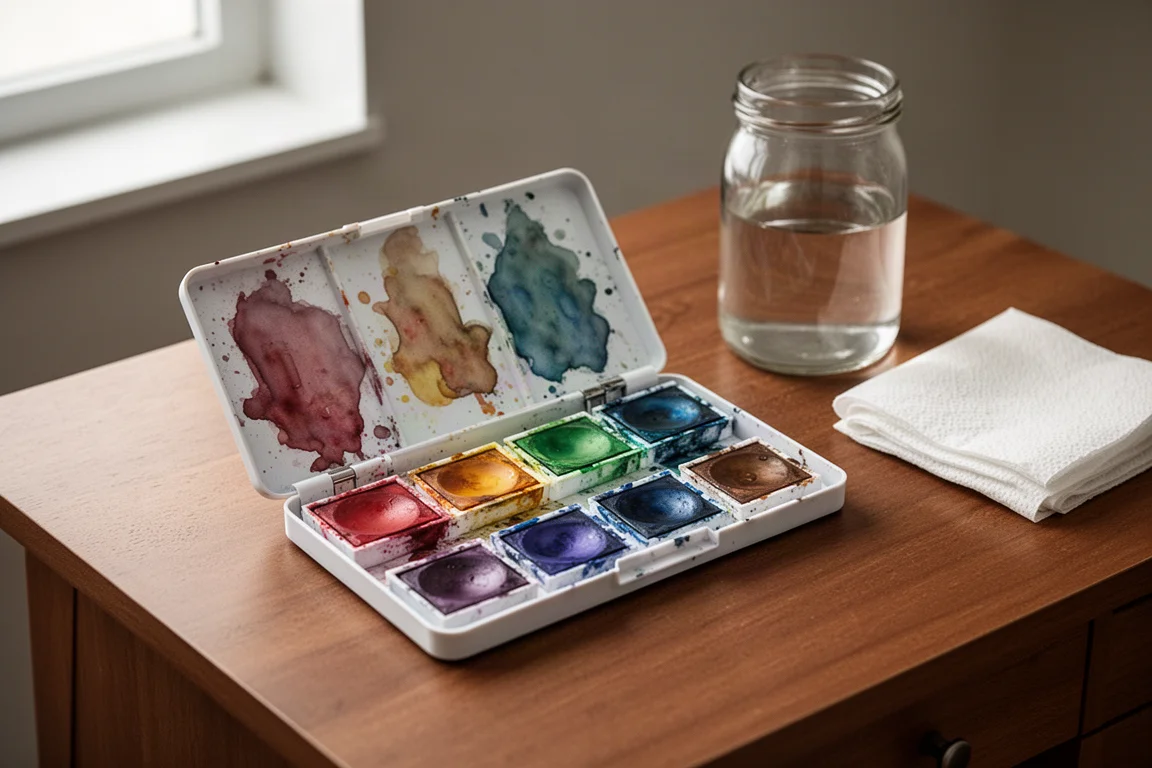 Open aquareldoos met zes getinte schaduwverven op een houten bureau