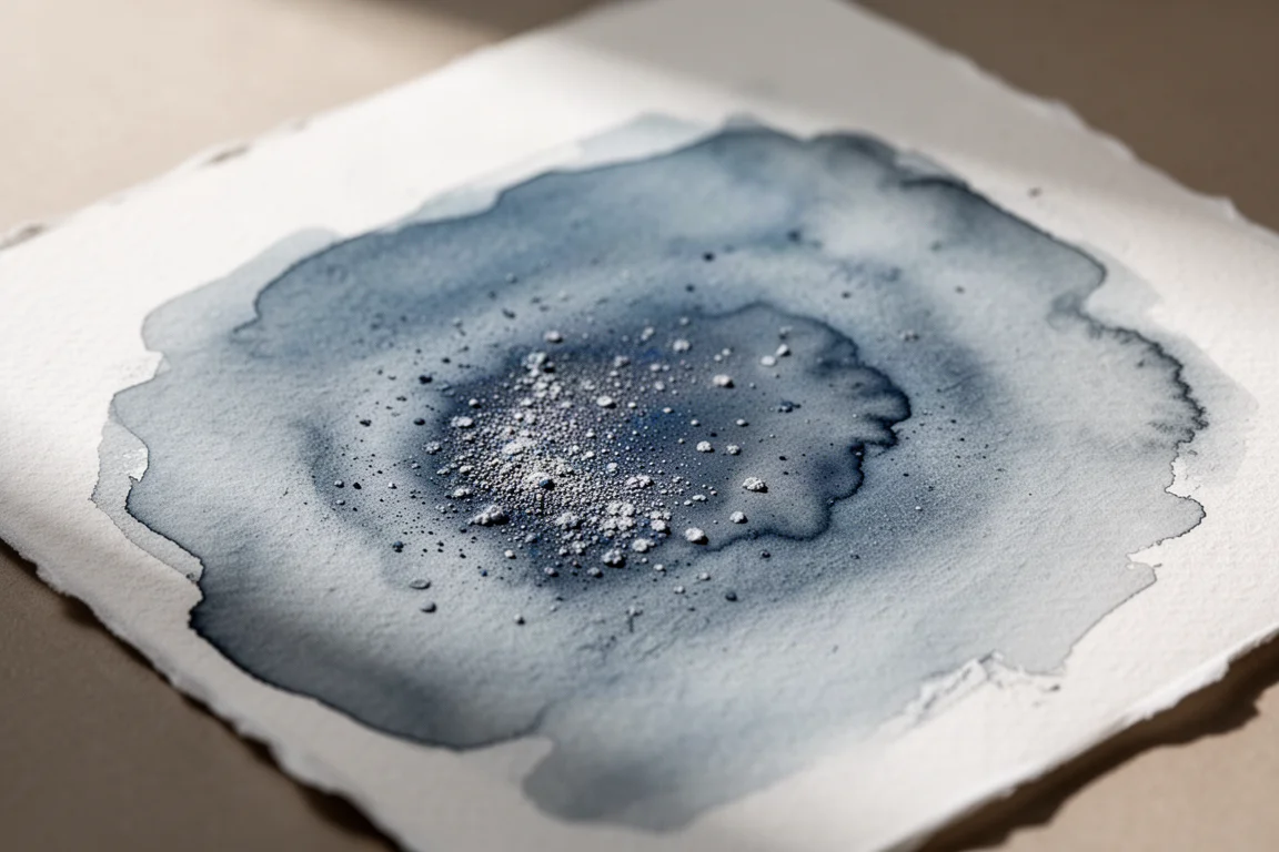 Close-up van korrelend aquarelpigment dat bezinkt in een geschilderde lavis