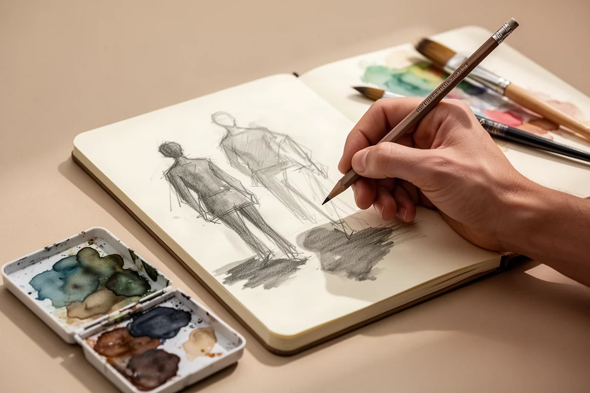Hand van een kunstenaar die losse figuurstudies schetst in een schetsboek met een grafietpotlood