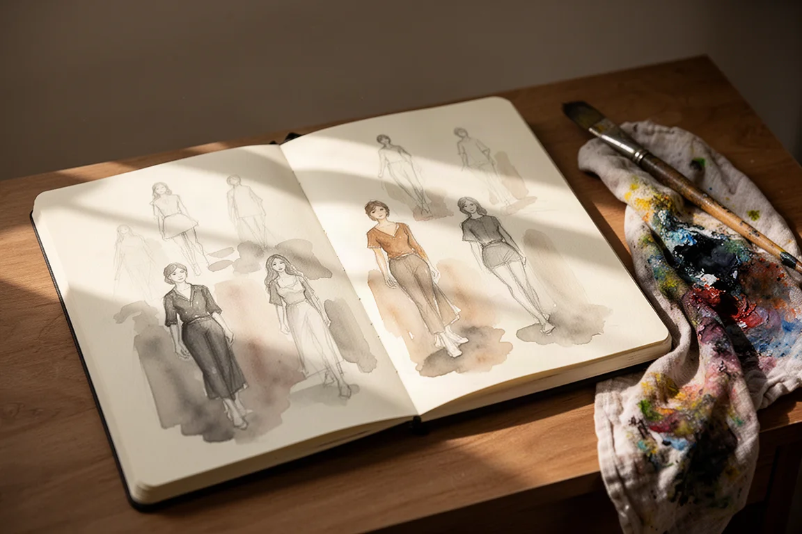 Pagina uit een aquarelschetsboek met figuurstudies en getinte schaduwen die in zacht licht drogen