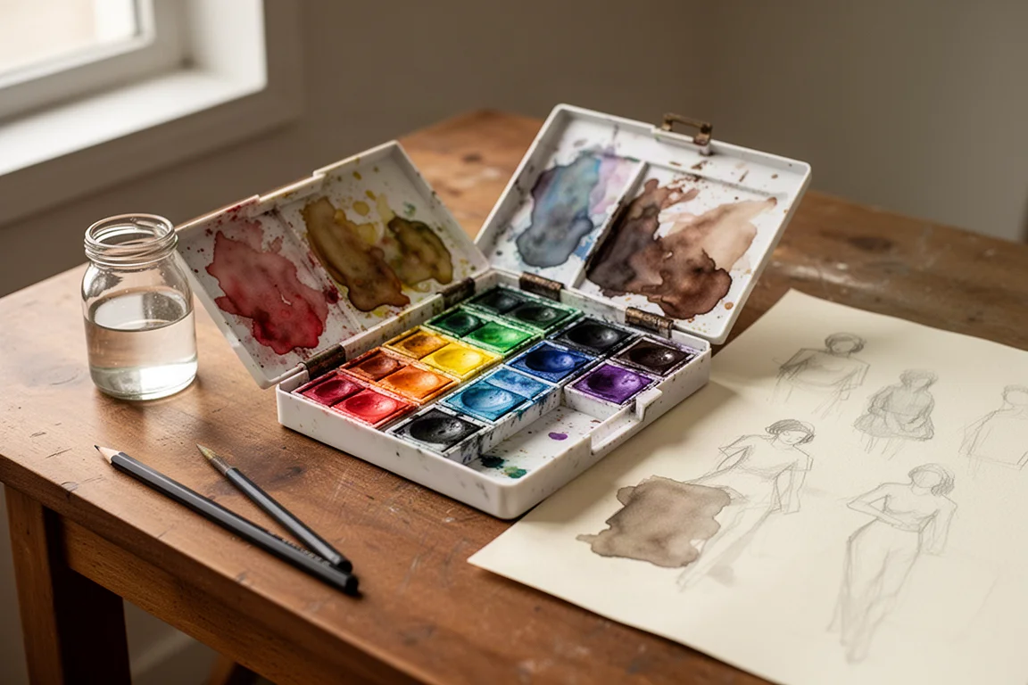 Set di.palette per acquerelli aperto con sei colori d'ombra tinta su una scrivania in legno accanto a carta da schizzo