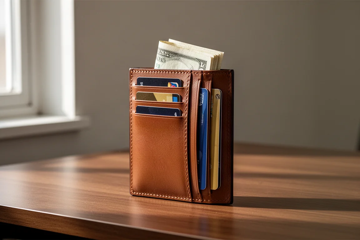 Portafoglio minimalista con una pila di carte e contanti piegati su una scrivania
