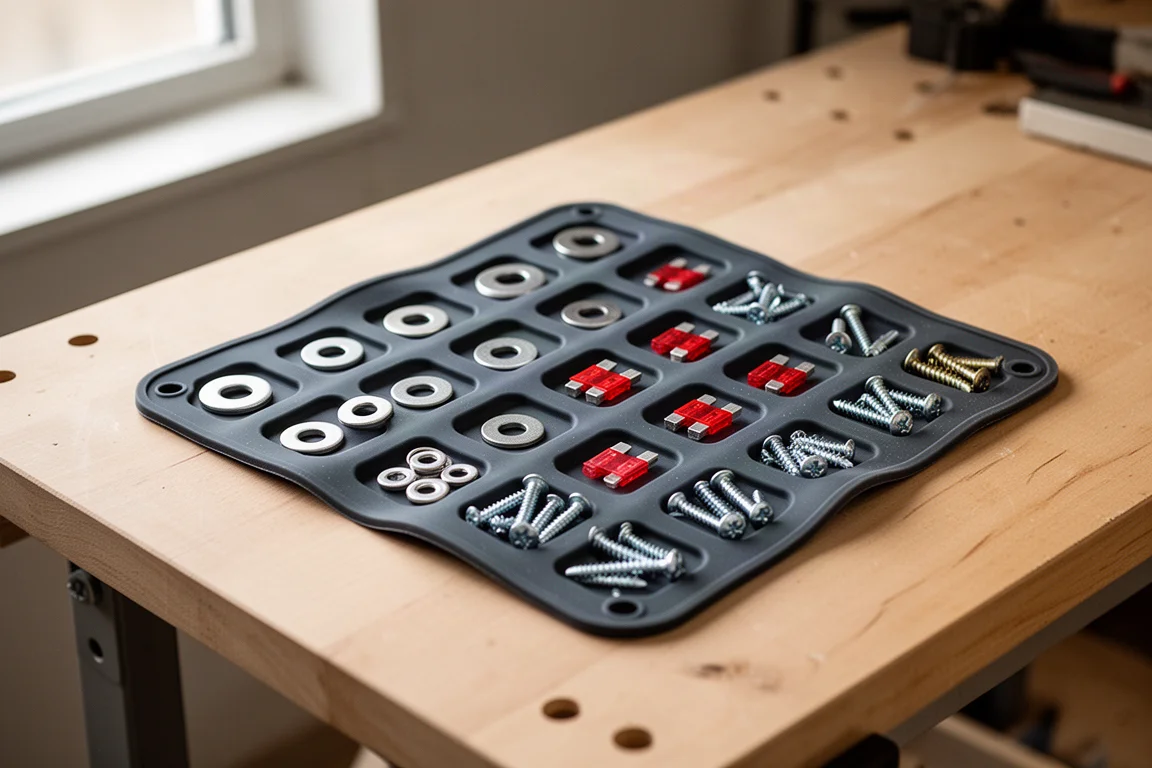 Silicone organizer tray with washers, fuses, and small screws sorted into slots