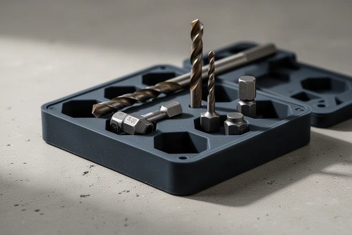 Drill bits and hex adapters seated in the hex recesses of a silicone tray