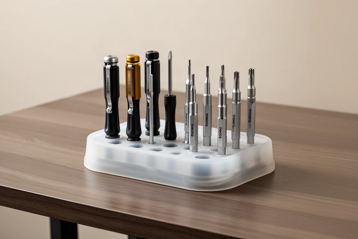 Small screwdrivers and Torx drivers stored upright in a silicone organizer