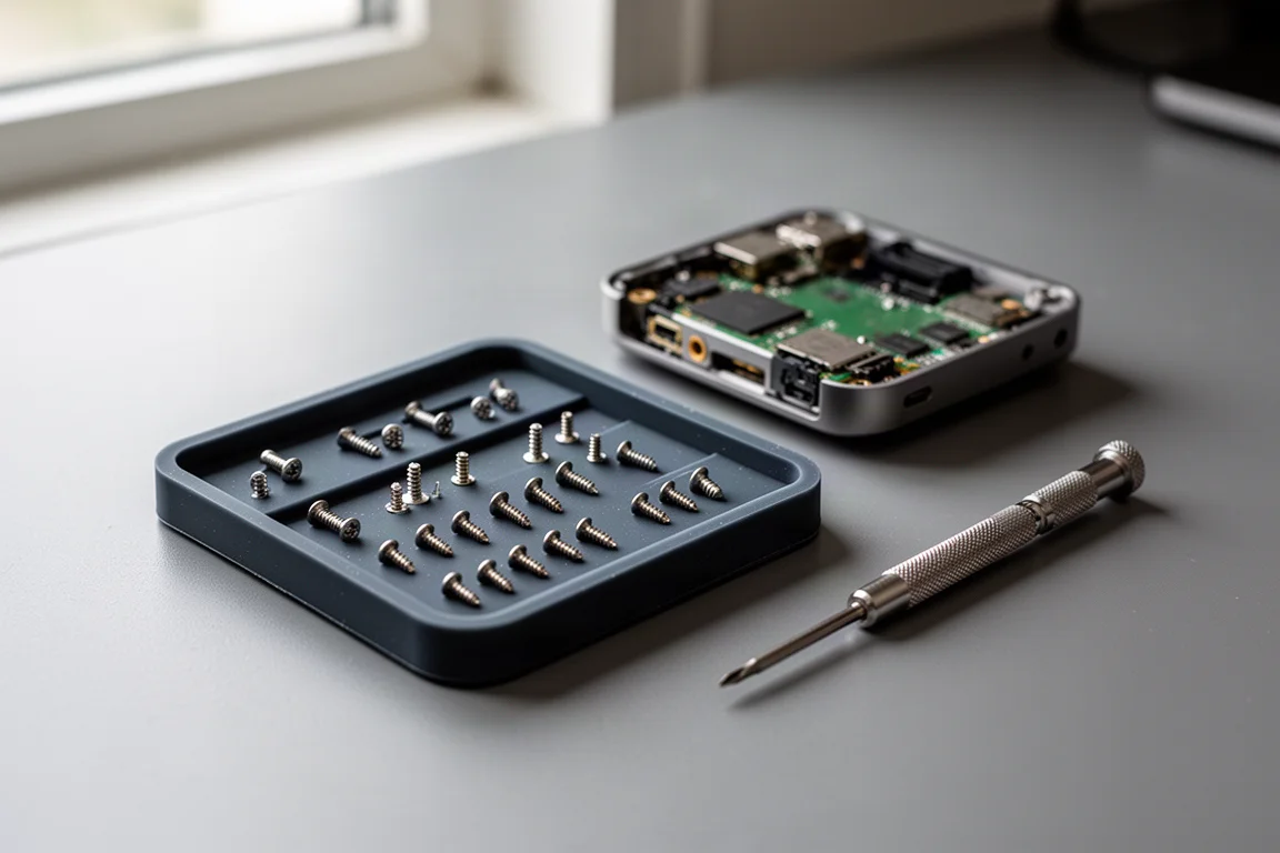 Workbench scene during electronics teardown with screws sorted in an organizer tray