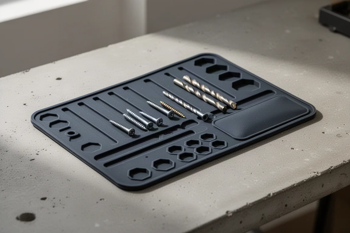 Silicone small-parts organizer tray with screws and bits on a workbench