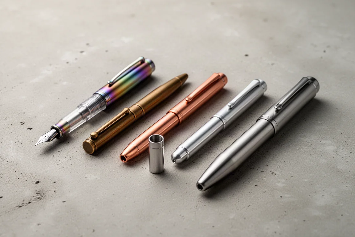 Five metal fountain pens arranged on a matte concrete surface