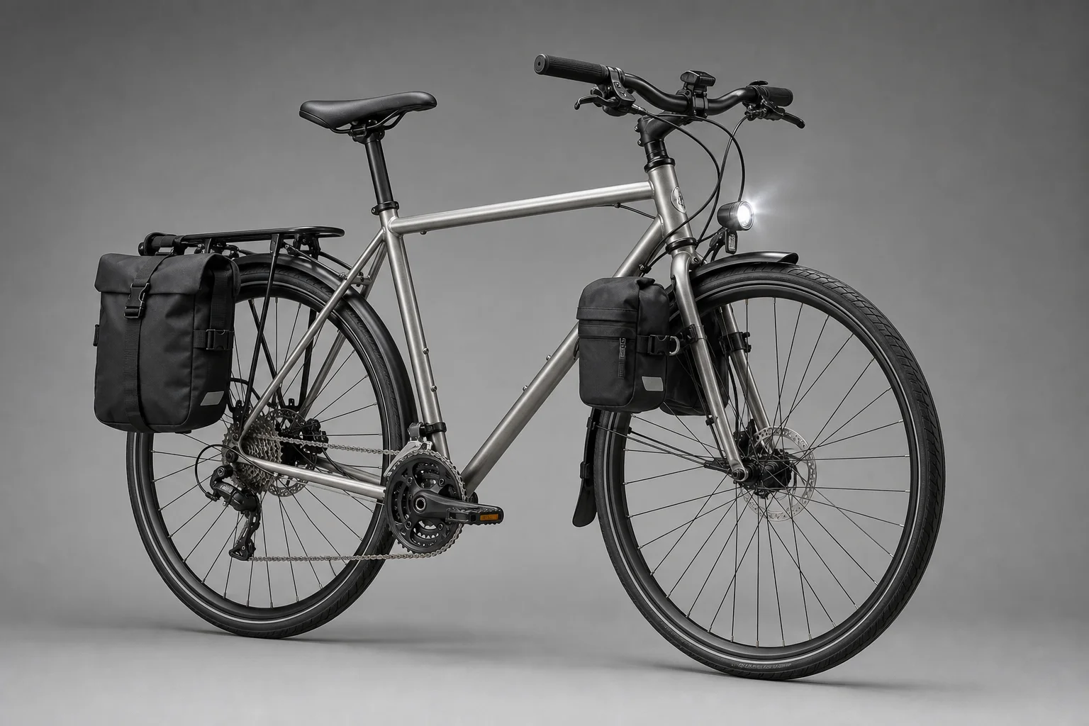 Collection of touring bicycles in various styles on neutral backdrop