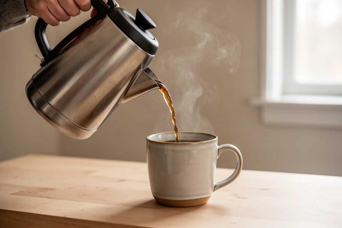 Freshly brewed coffee being poured from a thermal carafe into a mug