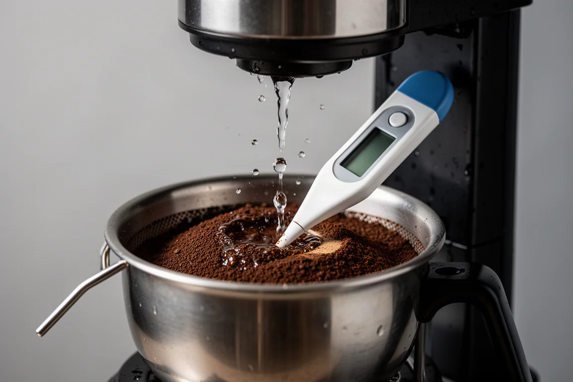 Digital thermometer probe inserted into a brew basket during coffee brewing