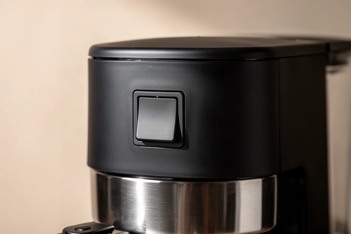 One-touch switch and simple control panel of a coffee maker in close-up