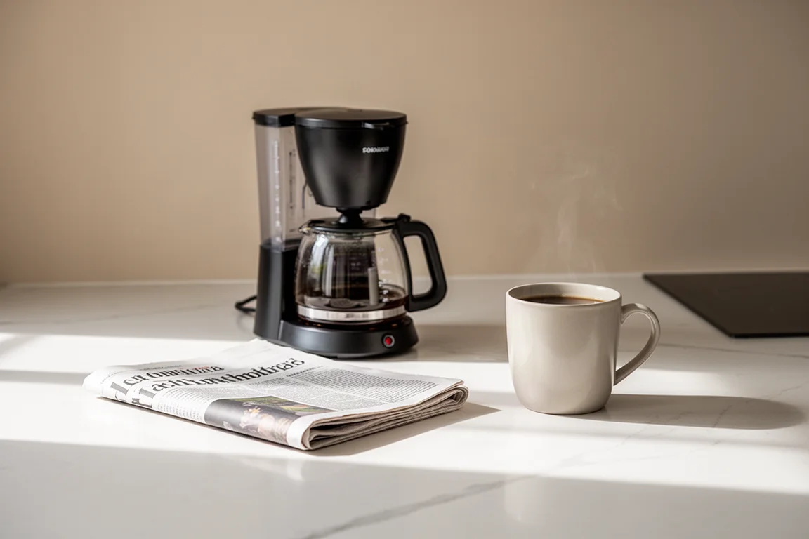 Kitchen counter scene with a coffee maker and breakfast setting in soft daylight