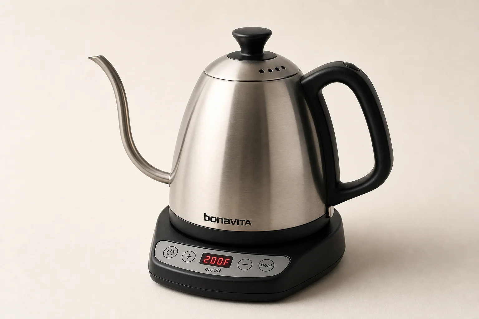 Bonavita 1L electric gooseneck kettle on neutral background