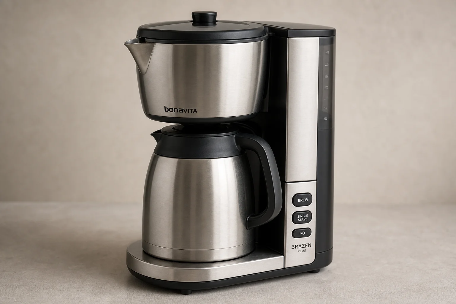 Six automatic coffee makers arranged in a line on concrete surface