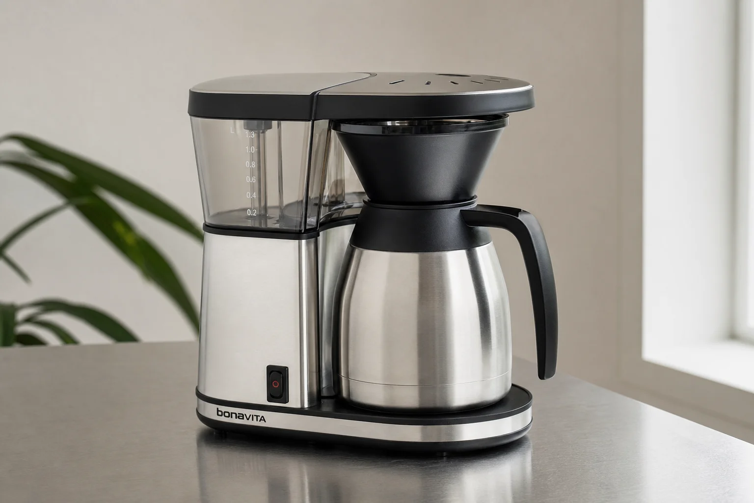 Fünf Filterkaffeemaschinen auf einer Betonoberfläche, angeordnet von preiswert bis Premium