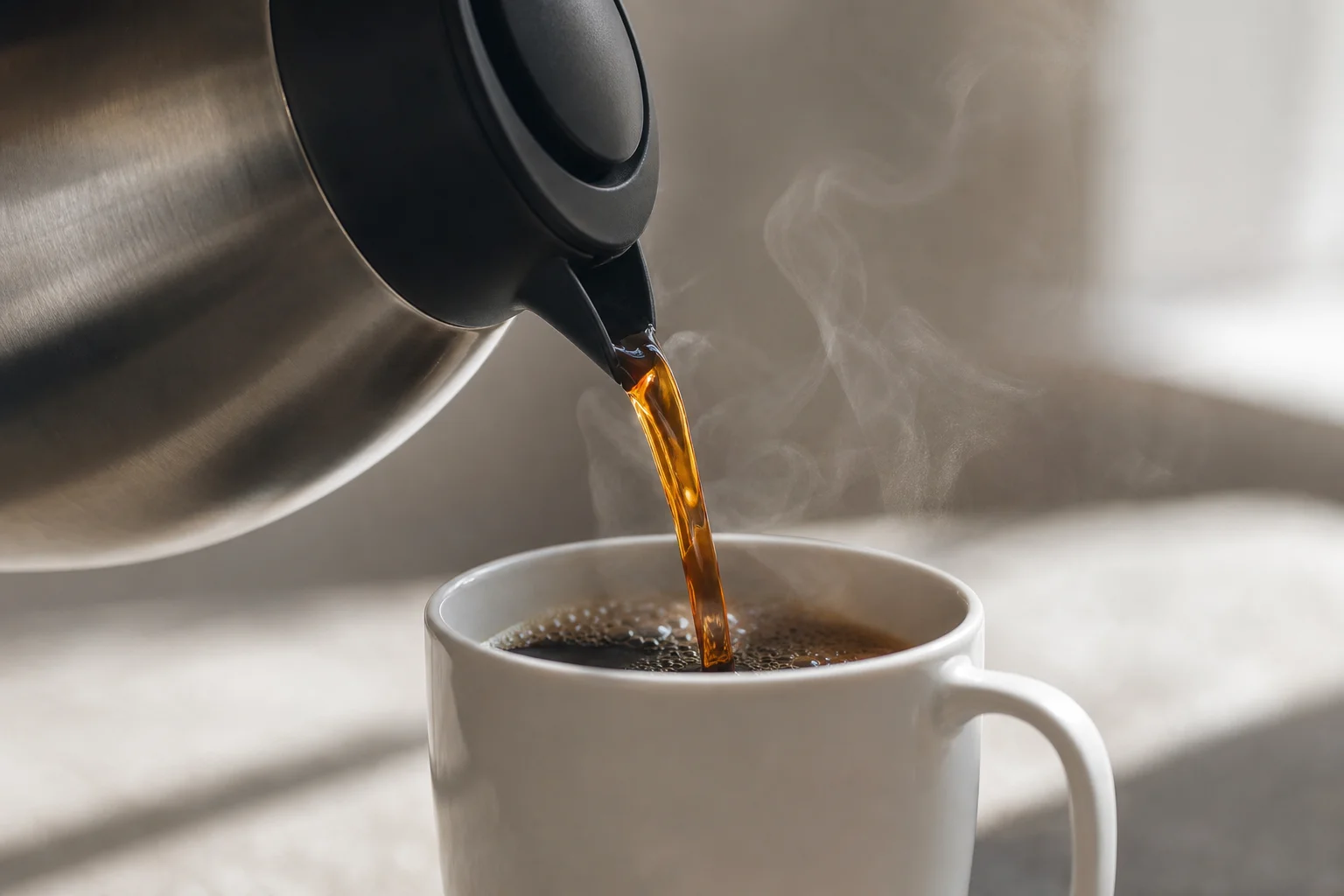 Kaffee wird aus einer Thermokanne in eine weiße Keramiktasse gegossen, wobei Dampf aufsteigt