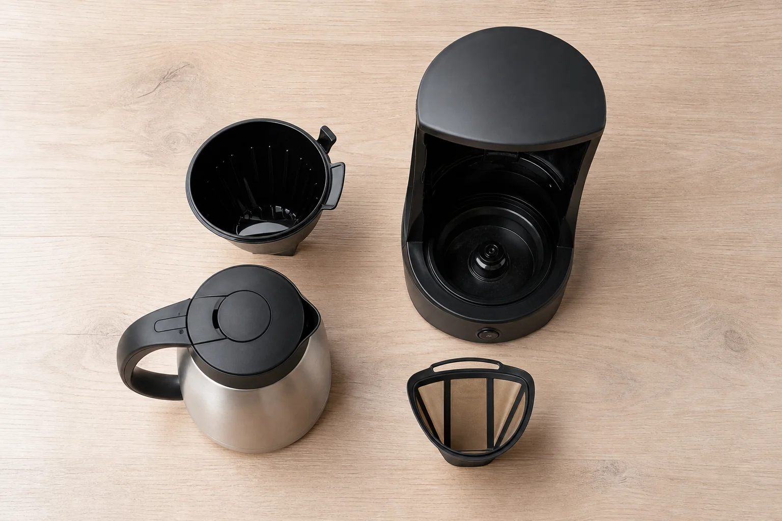Zerlegte Komponenten der Kaffeemaschine zur Reinigung auf einer hellen Holzoberfläche ausgelegt