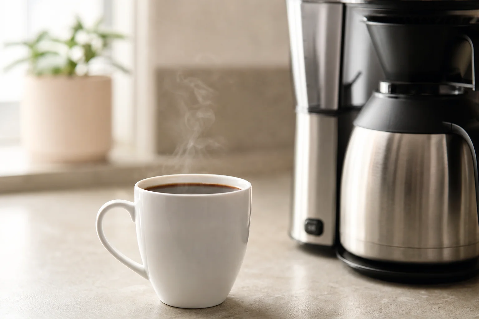 Dampfende Tasse Kaffee auf der Küchentheke neben der Bonavita Kaffeemaschine