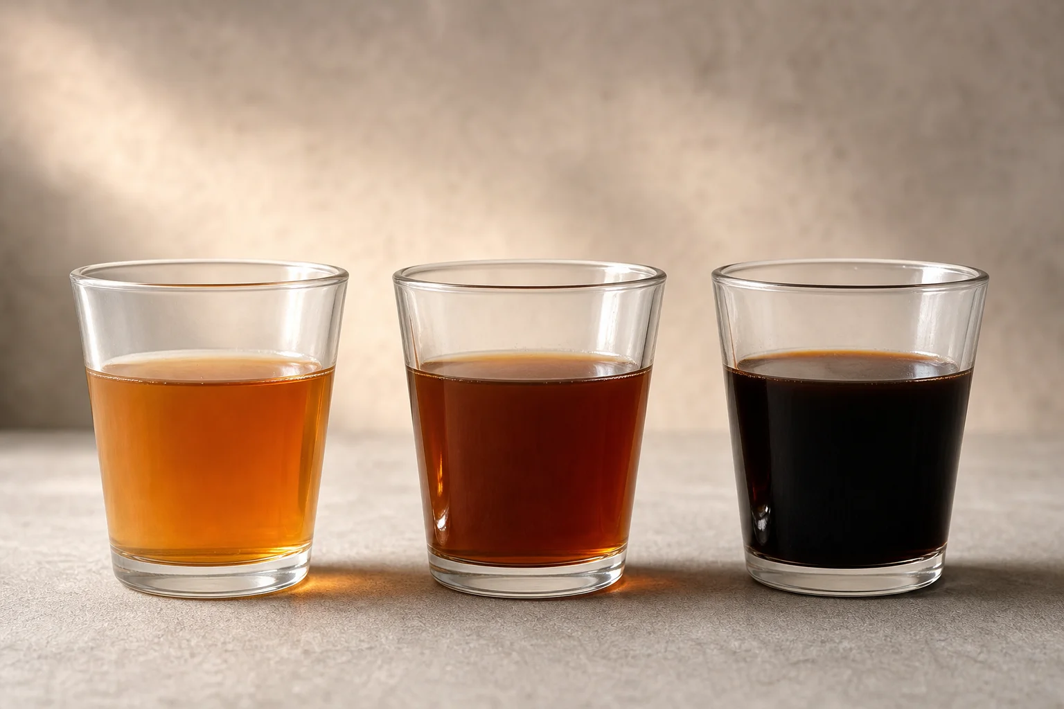Drei Gläser Kaffee zeigen unterschiedliche Extraktionsstufen und Farbintensitäten