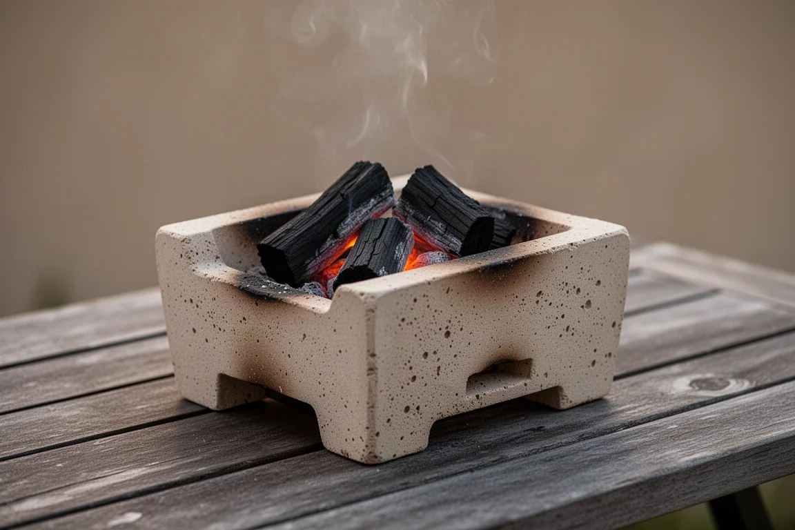 Ein kompakter rechteckiger Konro-Tongrill glüht mit Holzkohle auf einem Gartentisch
