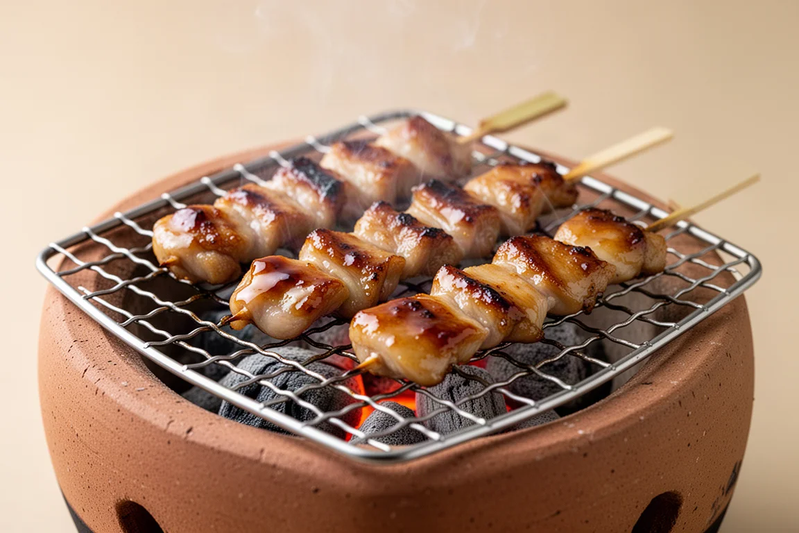 Yakitori-Spieße mit glasiertem Hähnchen grillen über strahlender Holzkohle