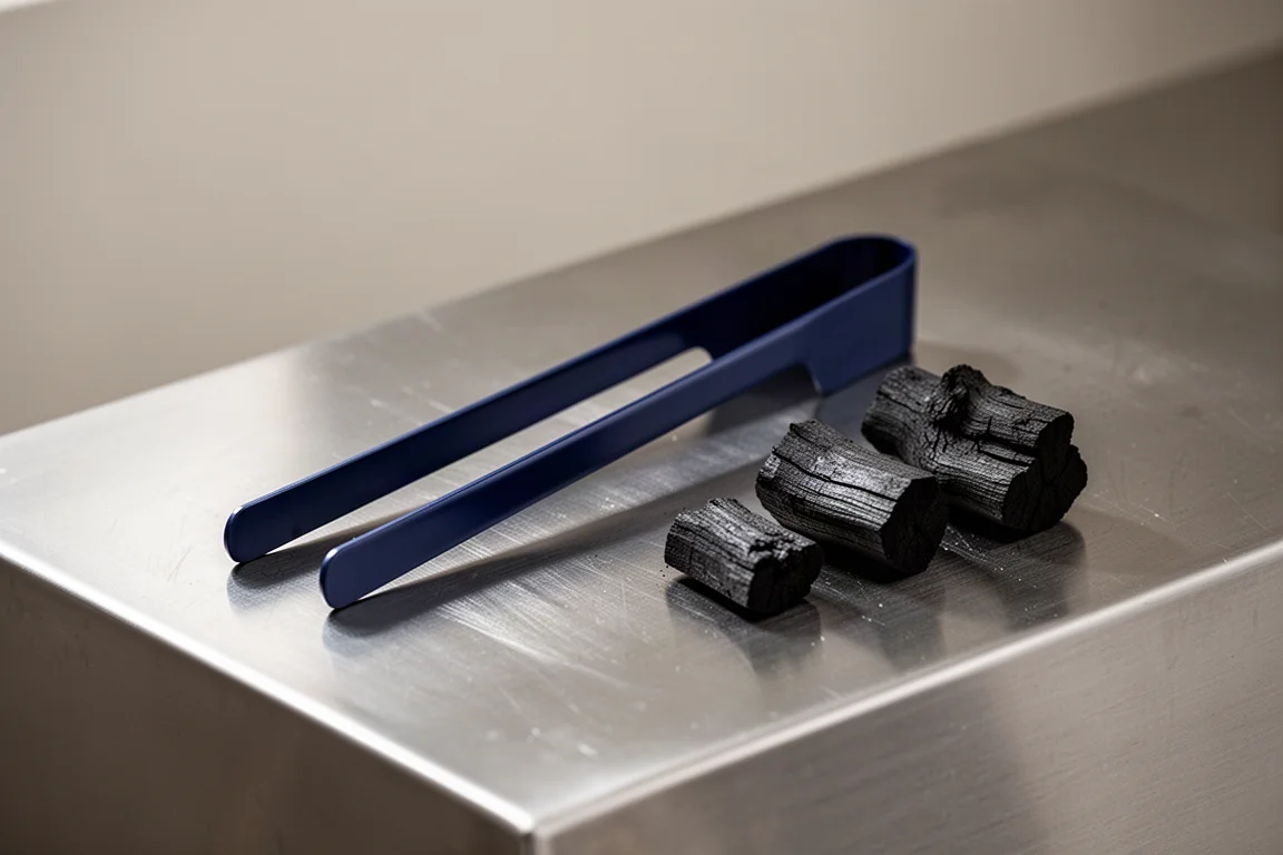 Ein Paar blaue Metallzangen liegt neben einem kleinen Tongrill